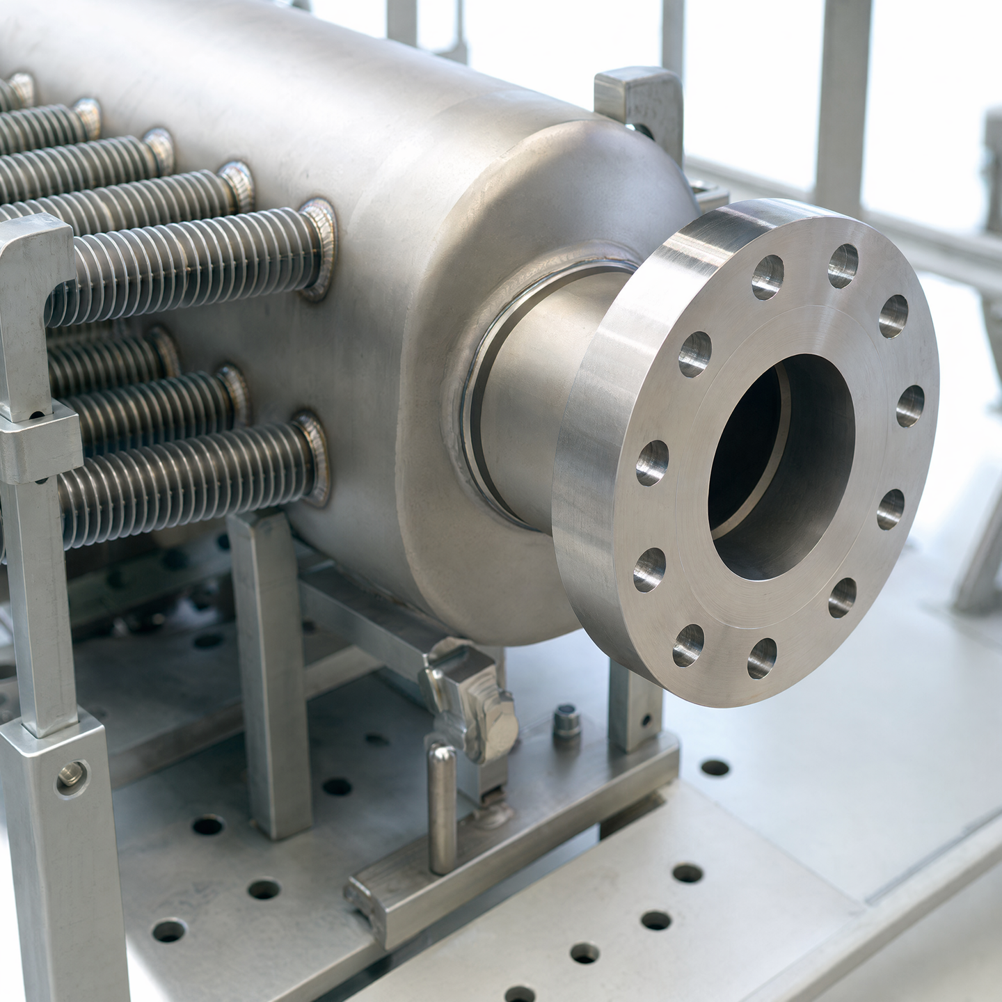 Header, nozzle and flange fit-up beside a bank of finned tubes