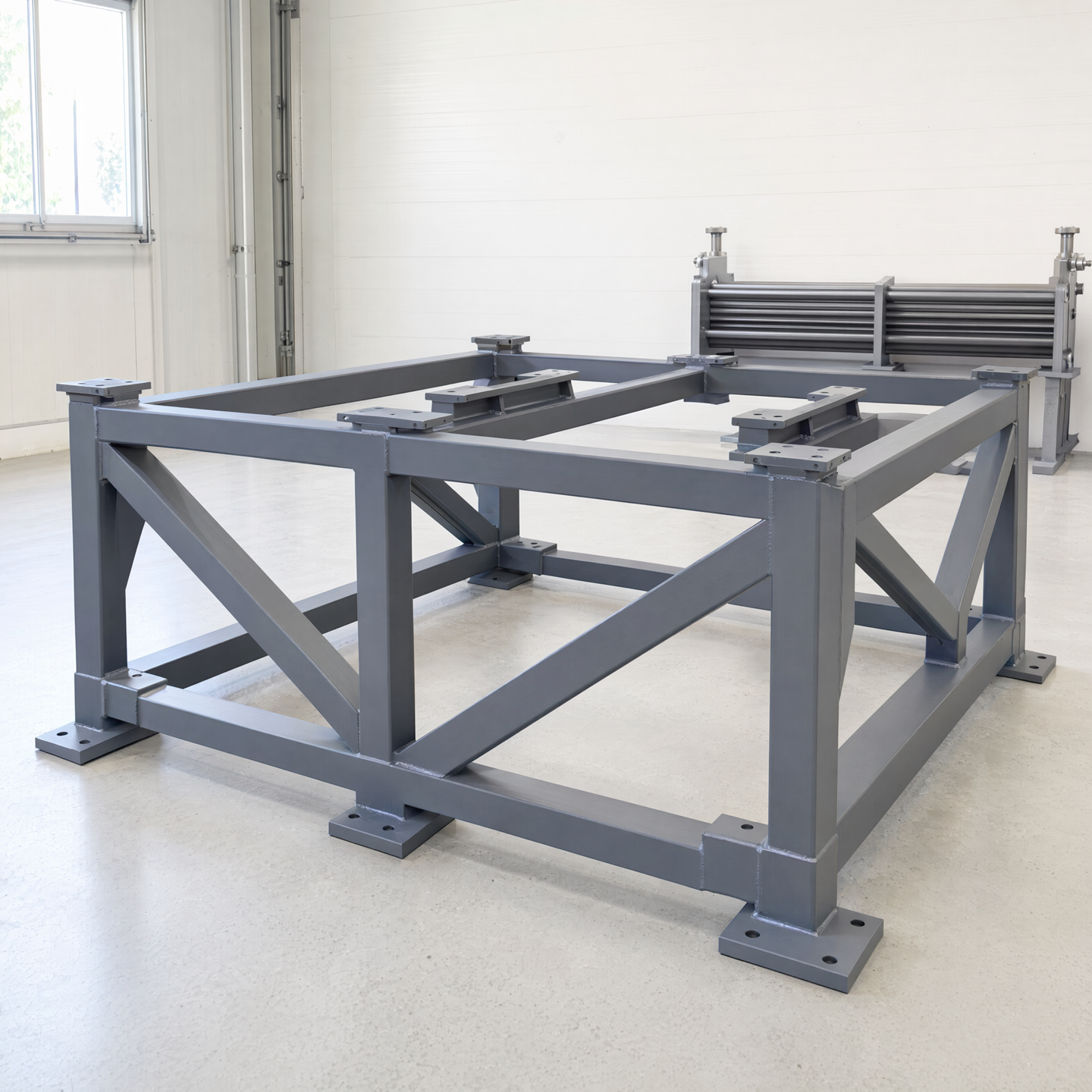 Welded support frame with bracing and mounting feet before equipment installation