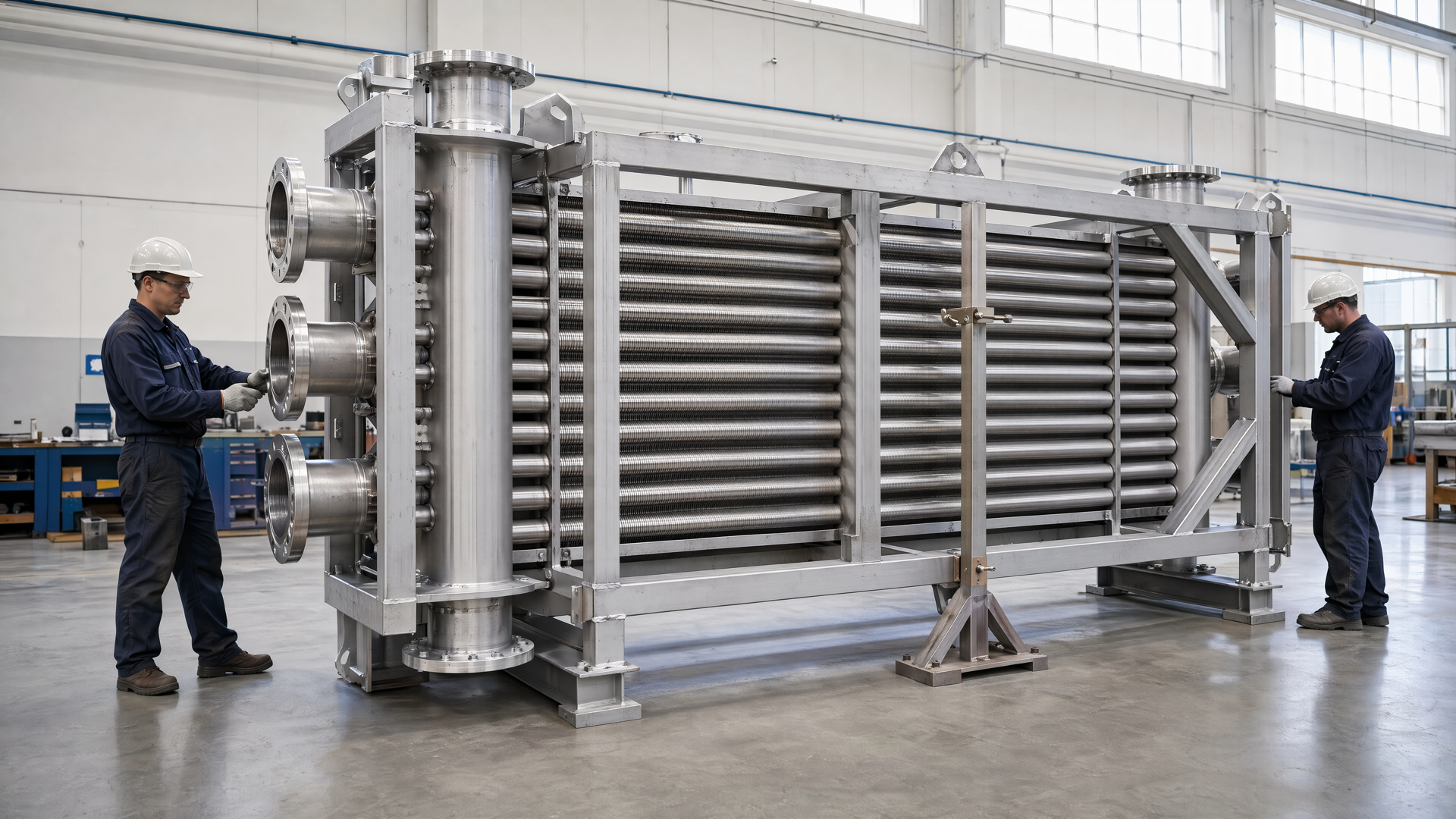 Large finned-tube exchanger assembly in progress with headers and welded frame visible