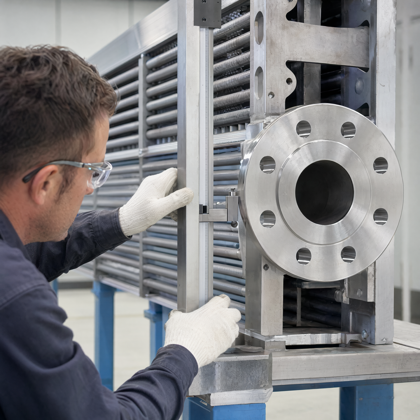 Inspector checking flange and interface alignment on a framed exchanger