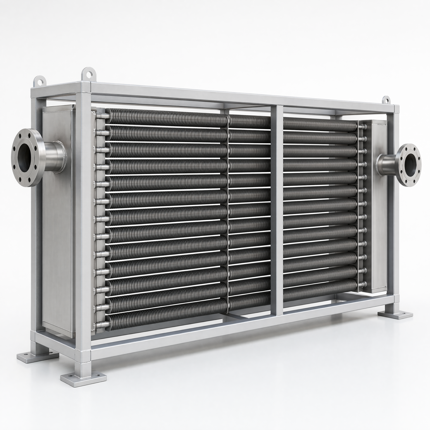 Complete rectangular finned-tube coil module inside a welded frame