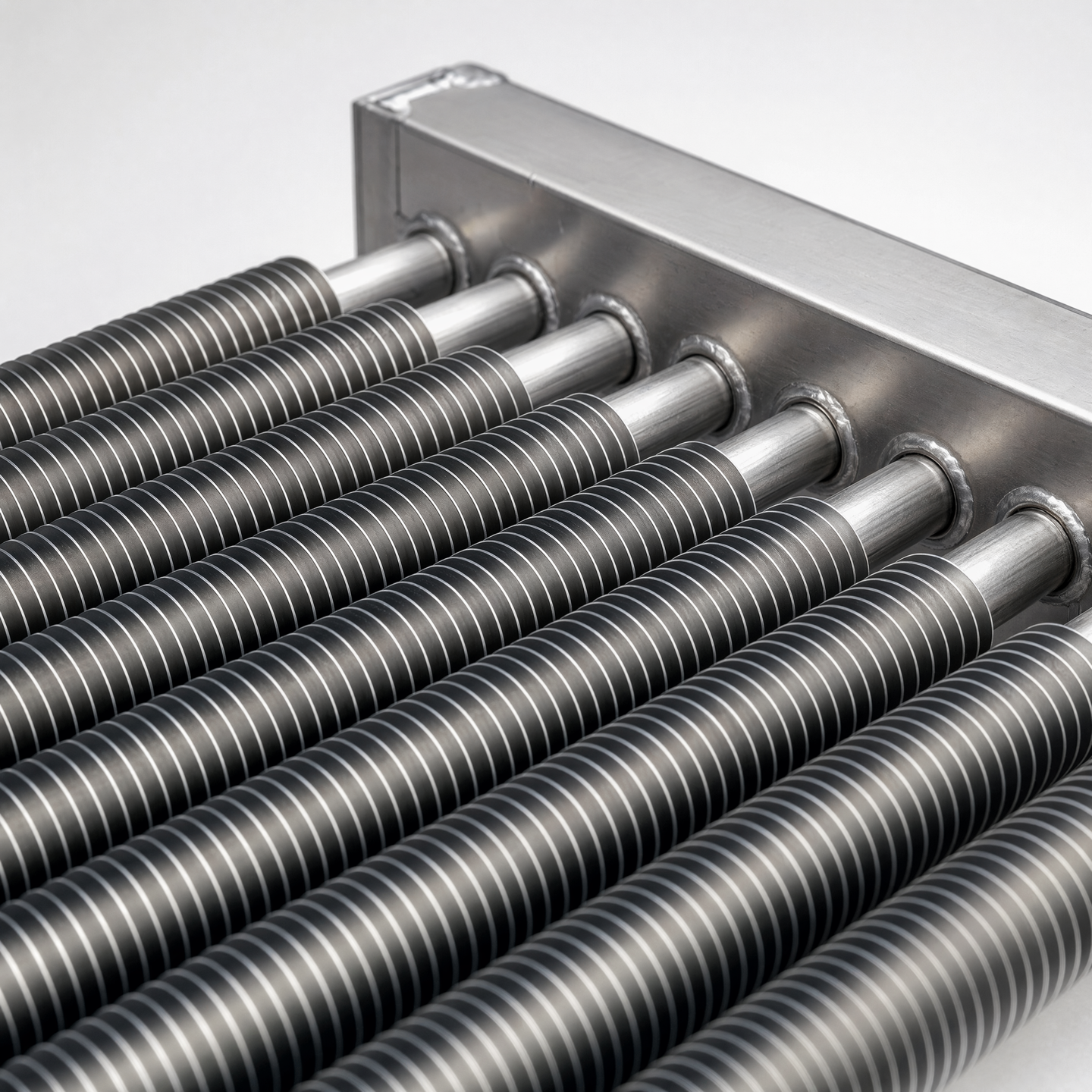 Detailed view of ordered fins and tubes in the rectangular module