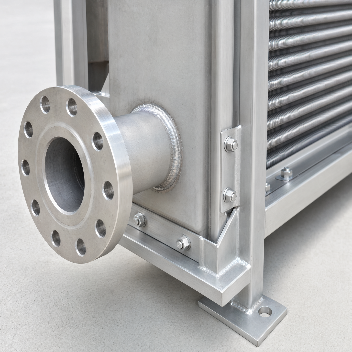 Flange, frame corner and mounting foot detail on the module