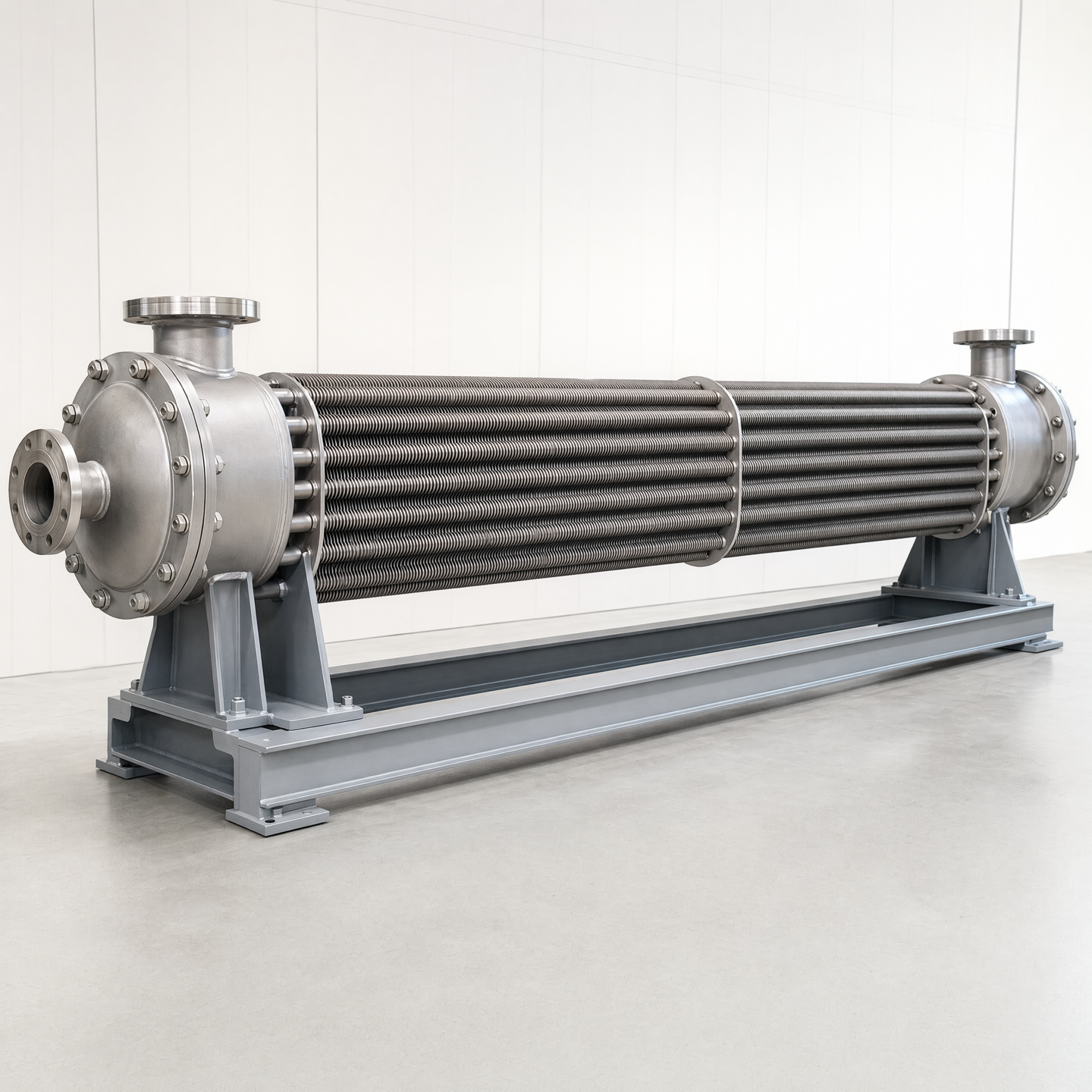 Complete horizontal finned-tube process assembly on a support base