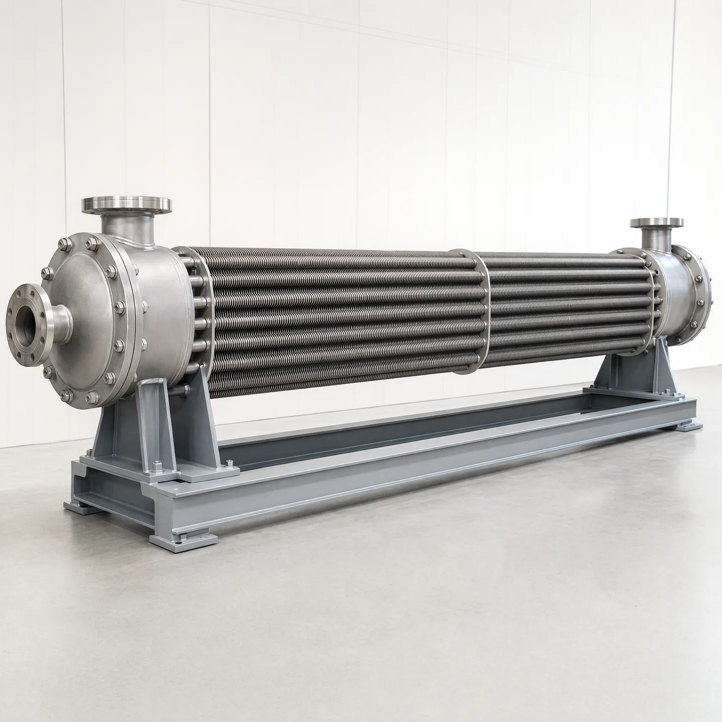 Complete horizontal finned-tube process assembly on a support base