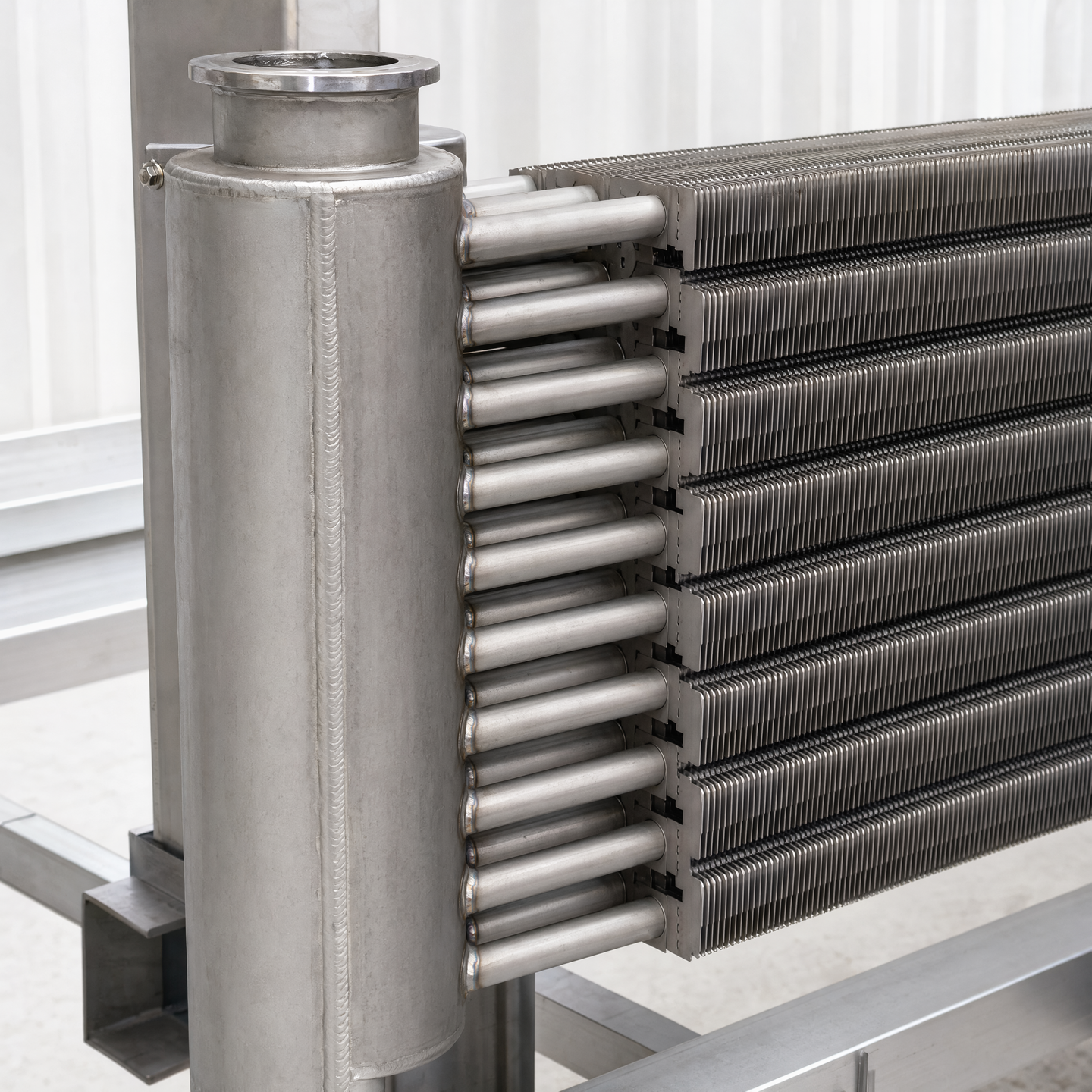 Header, tube entry and weld-area detail on the horizontal assembly