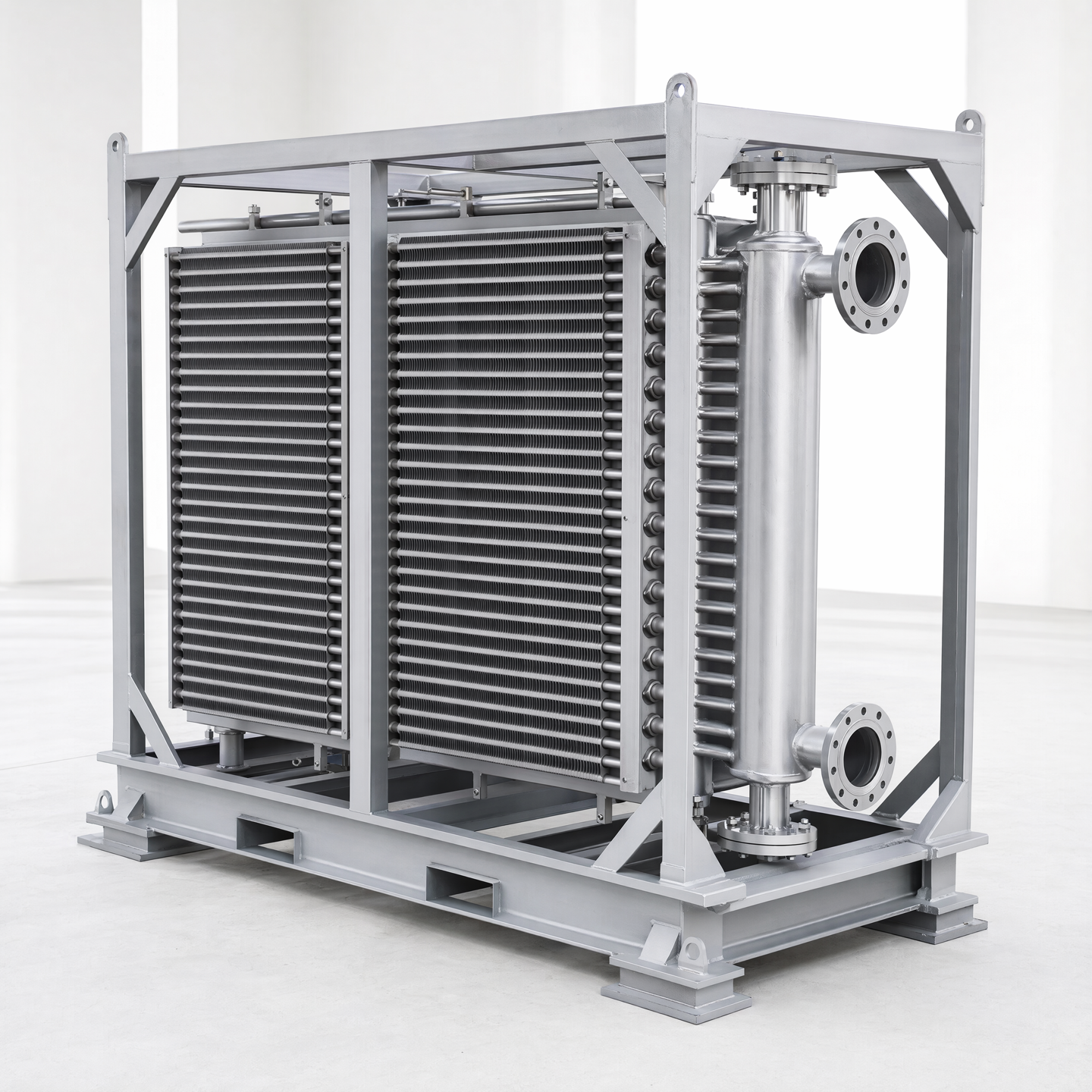 Compact skid-mounted finned-tube exchanger with manifold, flanges and welded frame