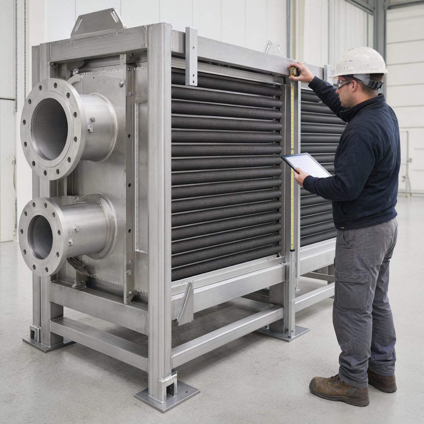 Inspector documenting dimensions and interfaces on a complete exchanger