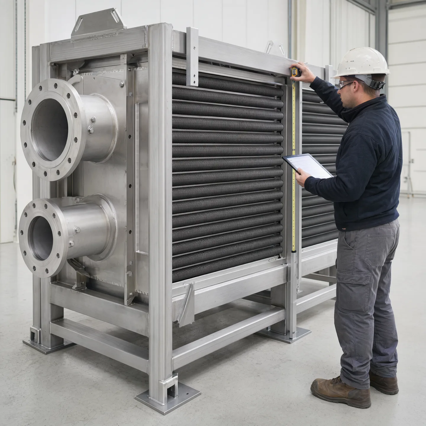 Inspector recording dimensions and interfaces on a complete finned-tube exchanger