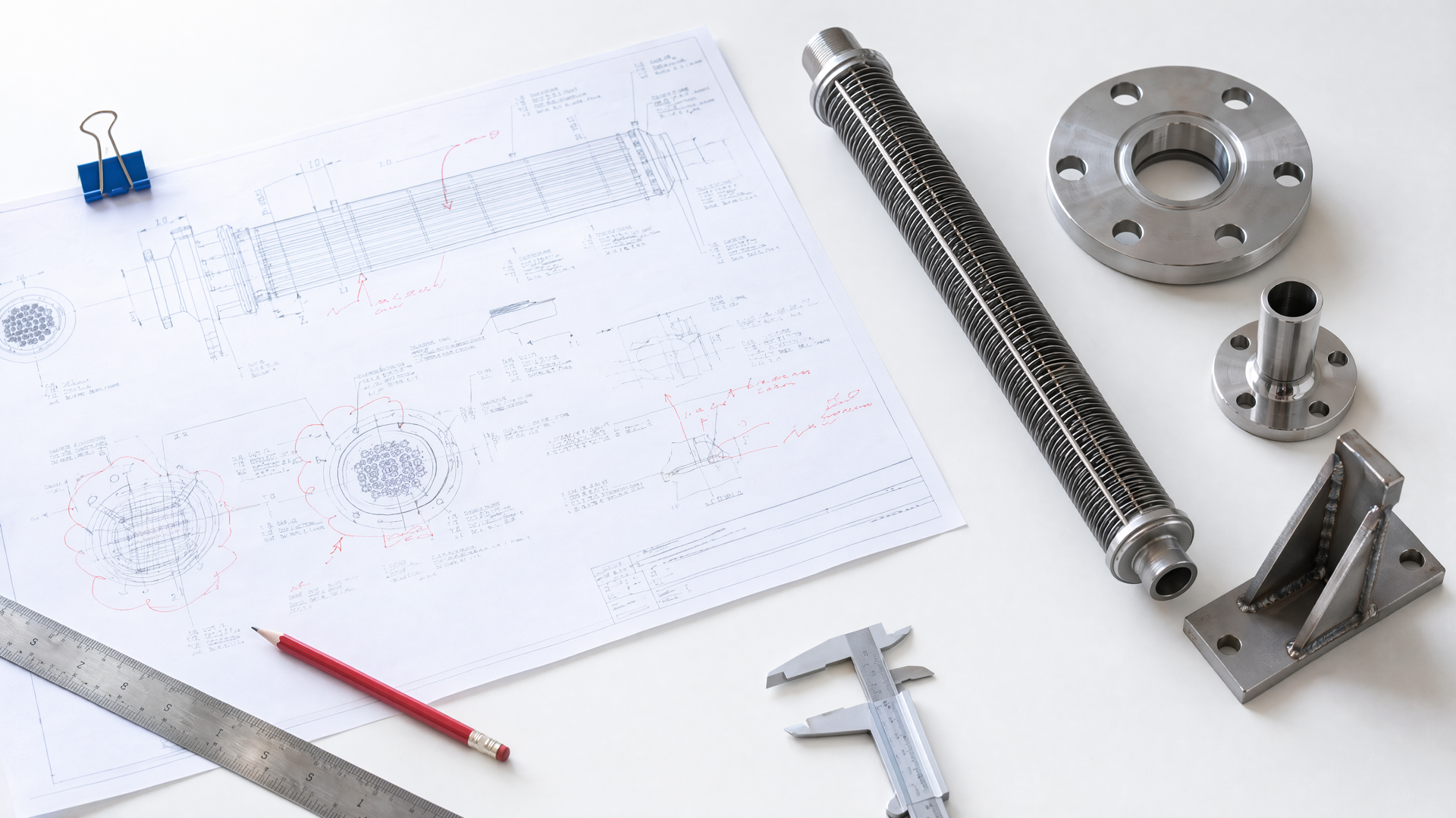 Drawing, redlines, finned-tube sample, flange and bracket arranged for a manufacturability review