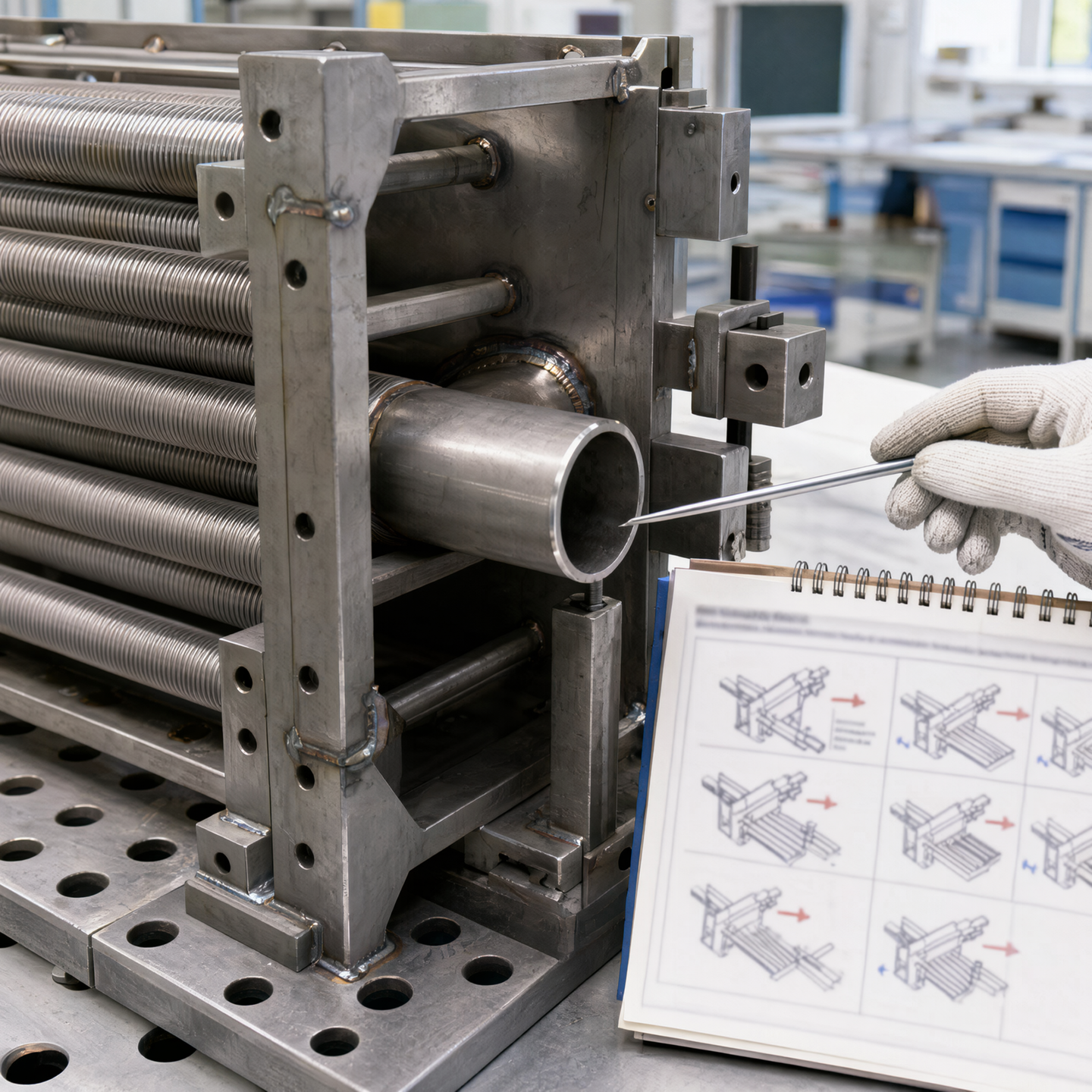Physical exchanger joint with weld-access and assembly-sequence planning notes