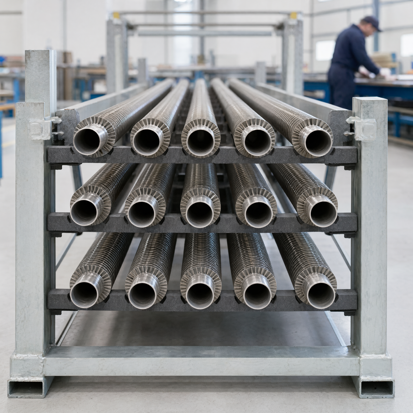 Illustrative end view of aligned finned-tube rows on a support frame