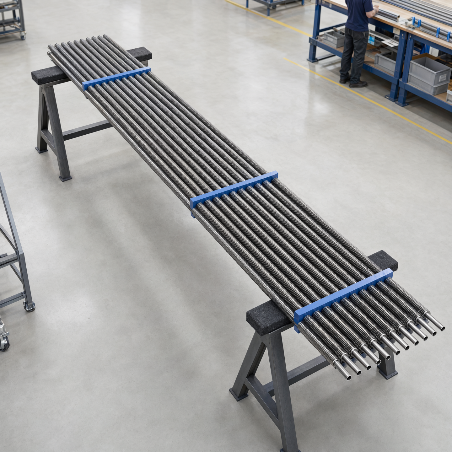 Illustrative grouped finned tubes arranged on temporary supports before assembly