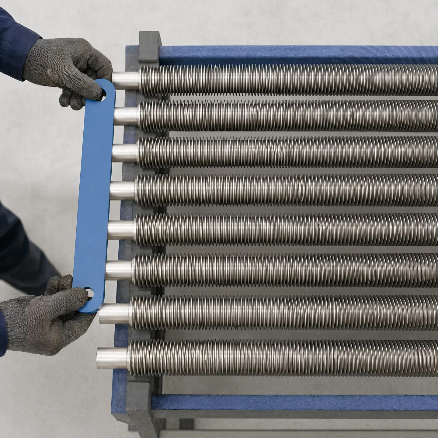 Illustrative spacing aid held outside clearly finned tube rows