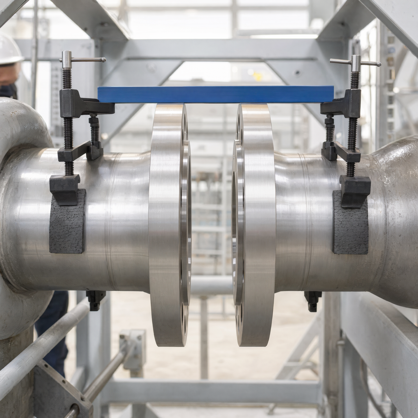 Illustrative opposed flange alignment and temporary restraint setup