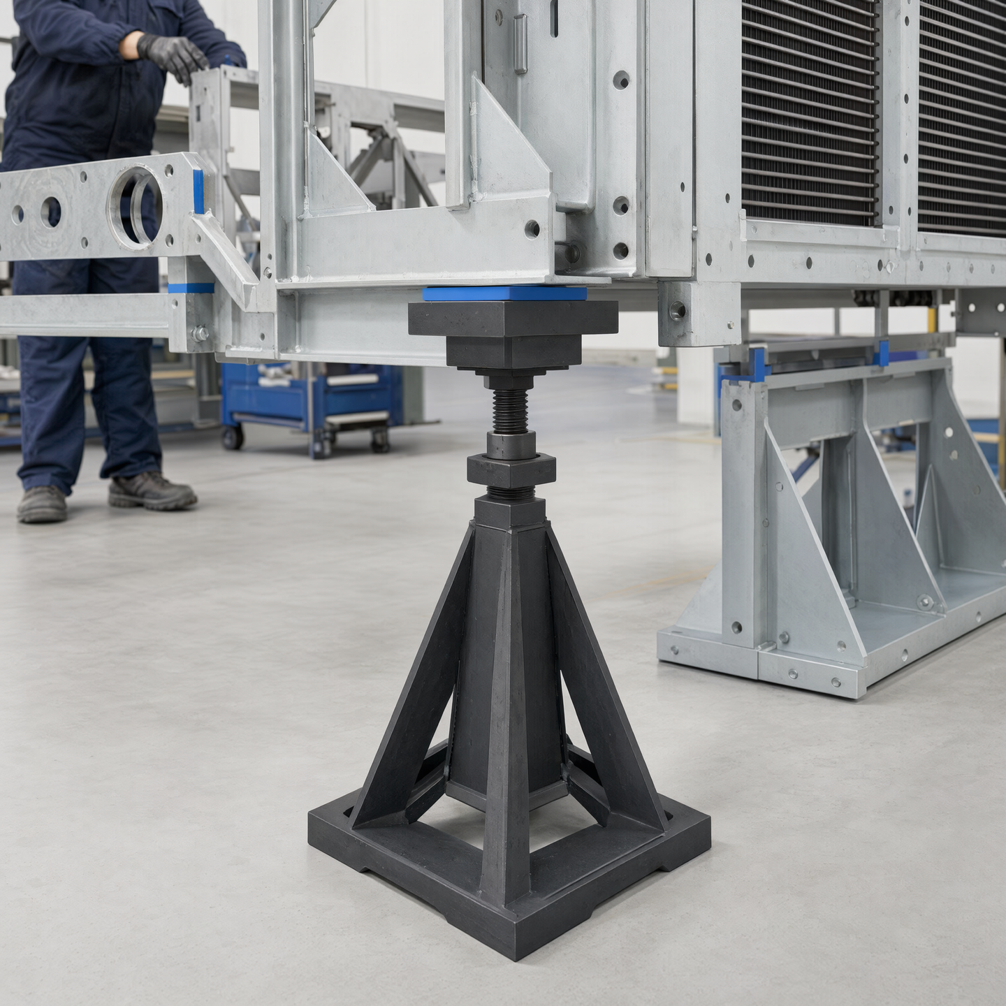 Illustrative temporary assembly support beneath an exchanger frame