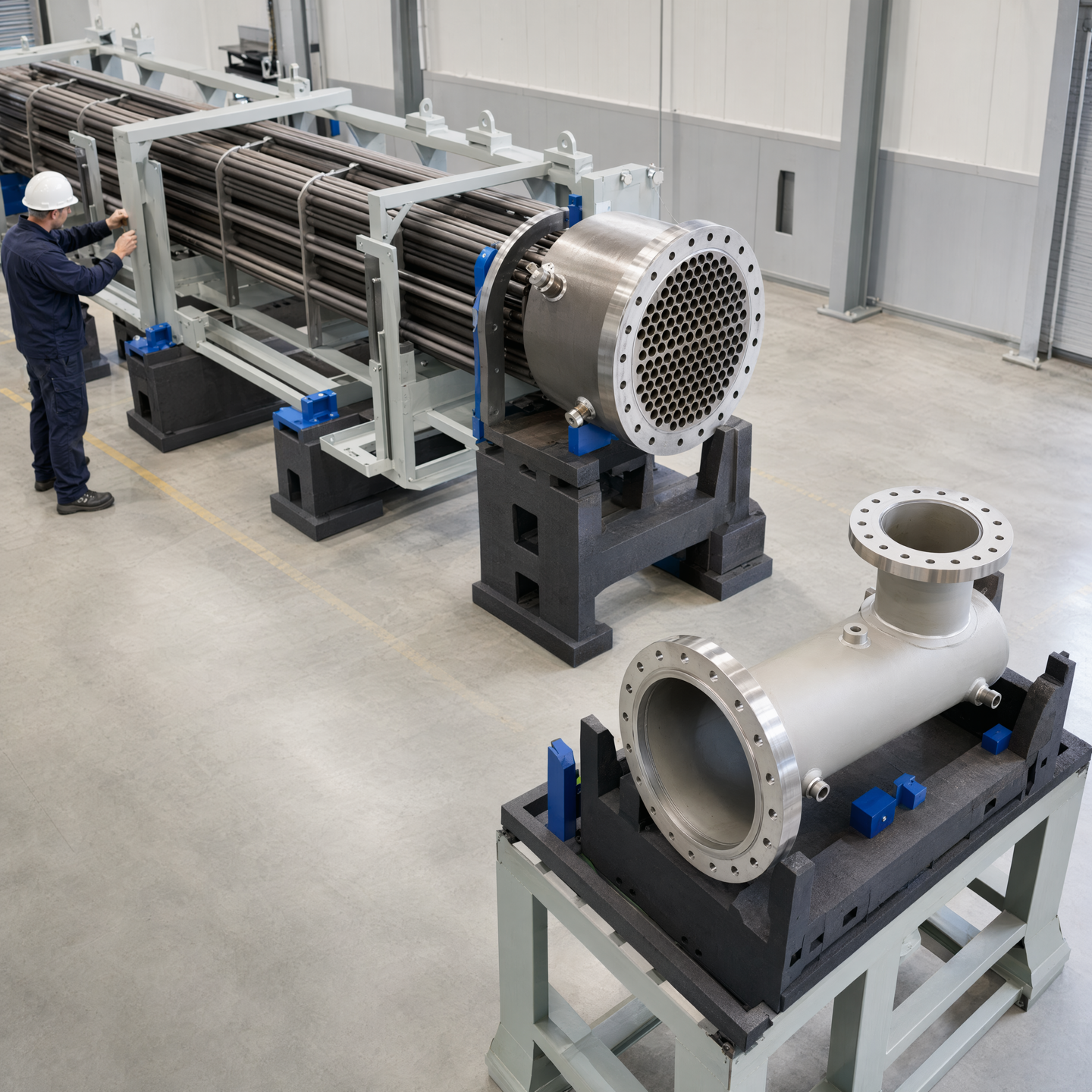 Illustrative staged fit-up of exchanger components before final integration