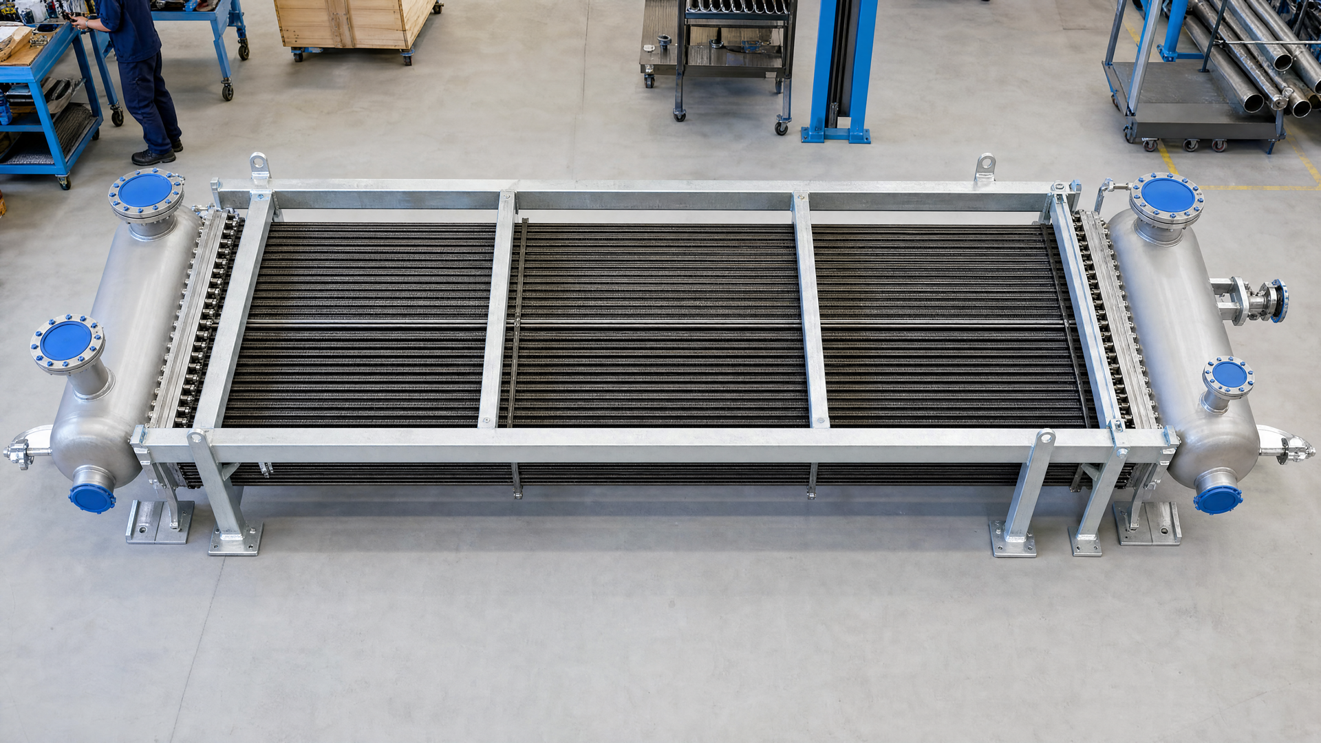 Illustrative full exchanger assembly with tube banks, connections and supporting frame