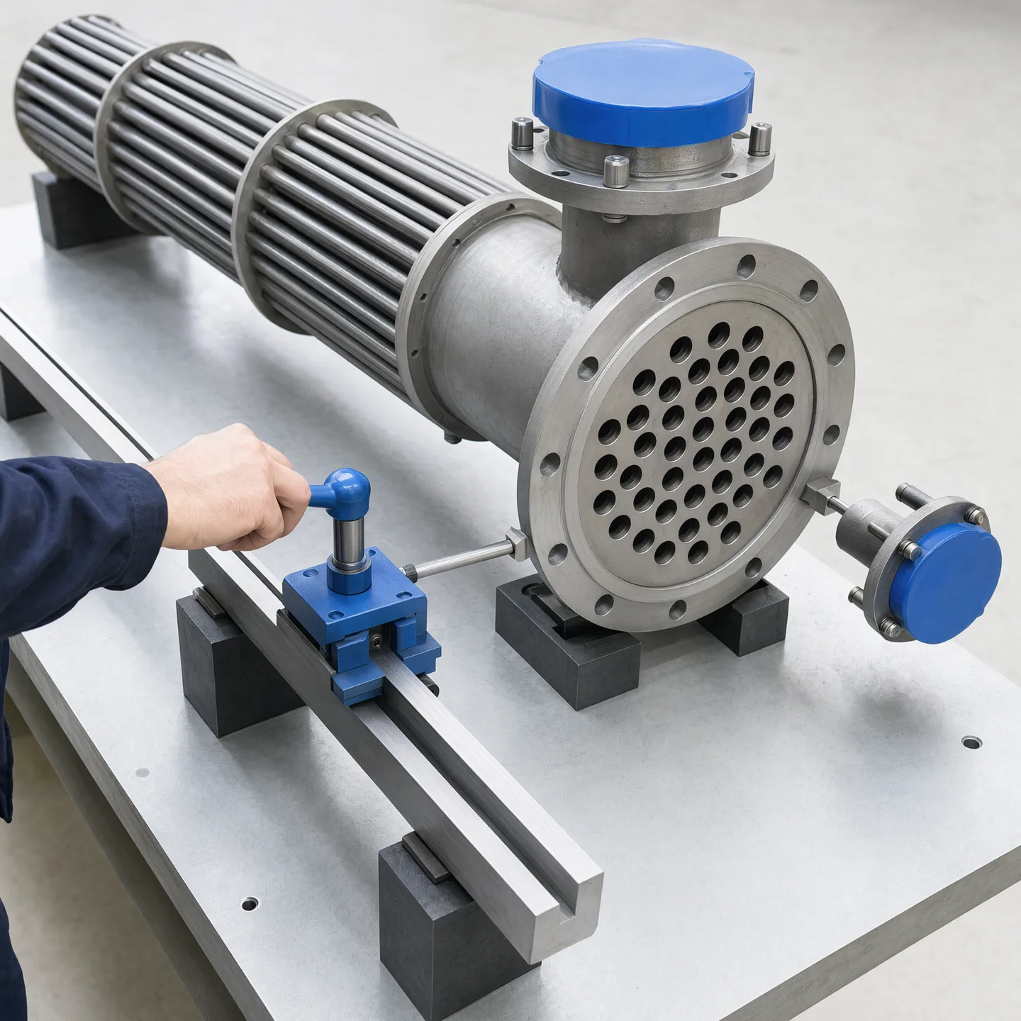 Illustrative external shared-datum inspection setup on an exchanger assembly