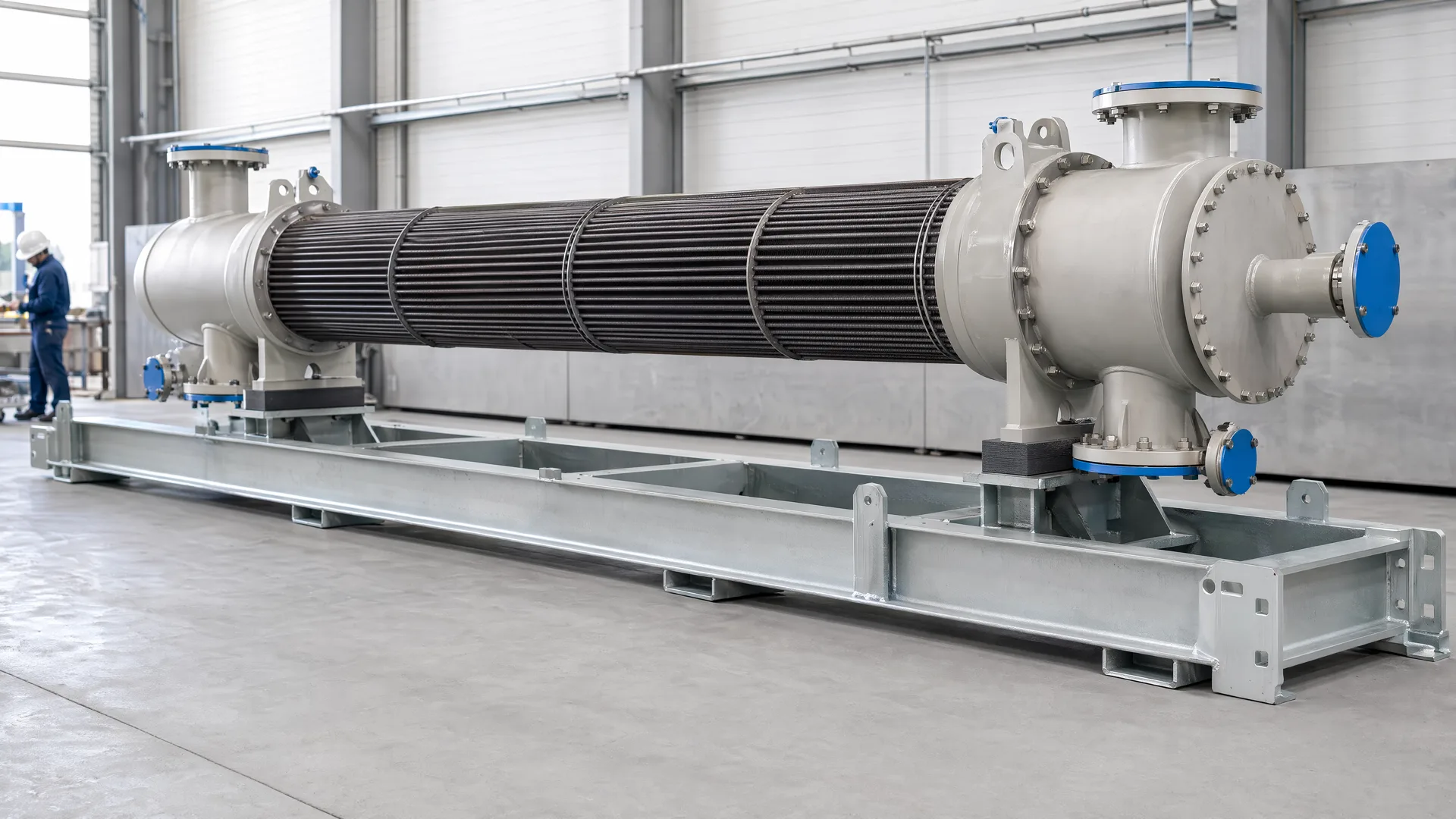 Illustrative complete horizontal skid-mounted finned-tube assembly