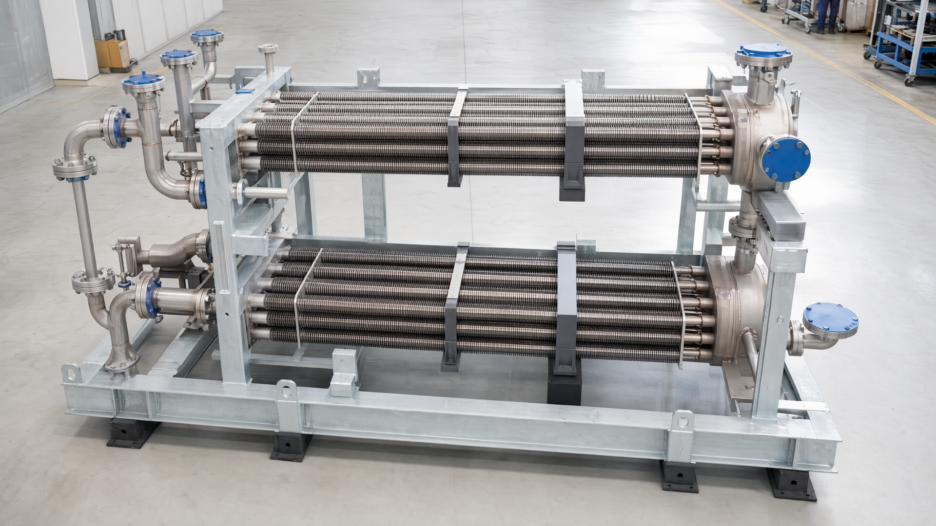 Illustrative compact assembly with two parallel finned-tube bundles